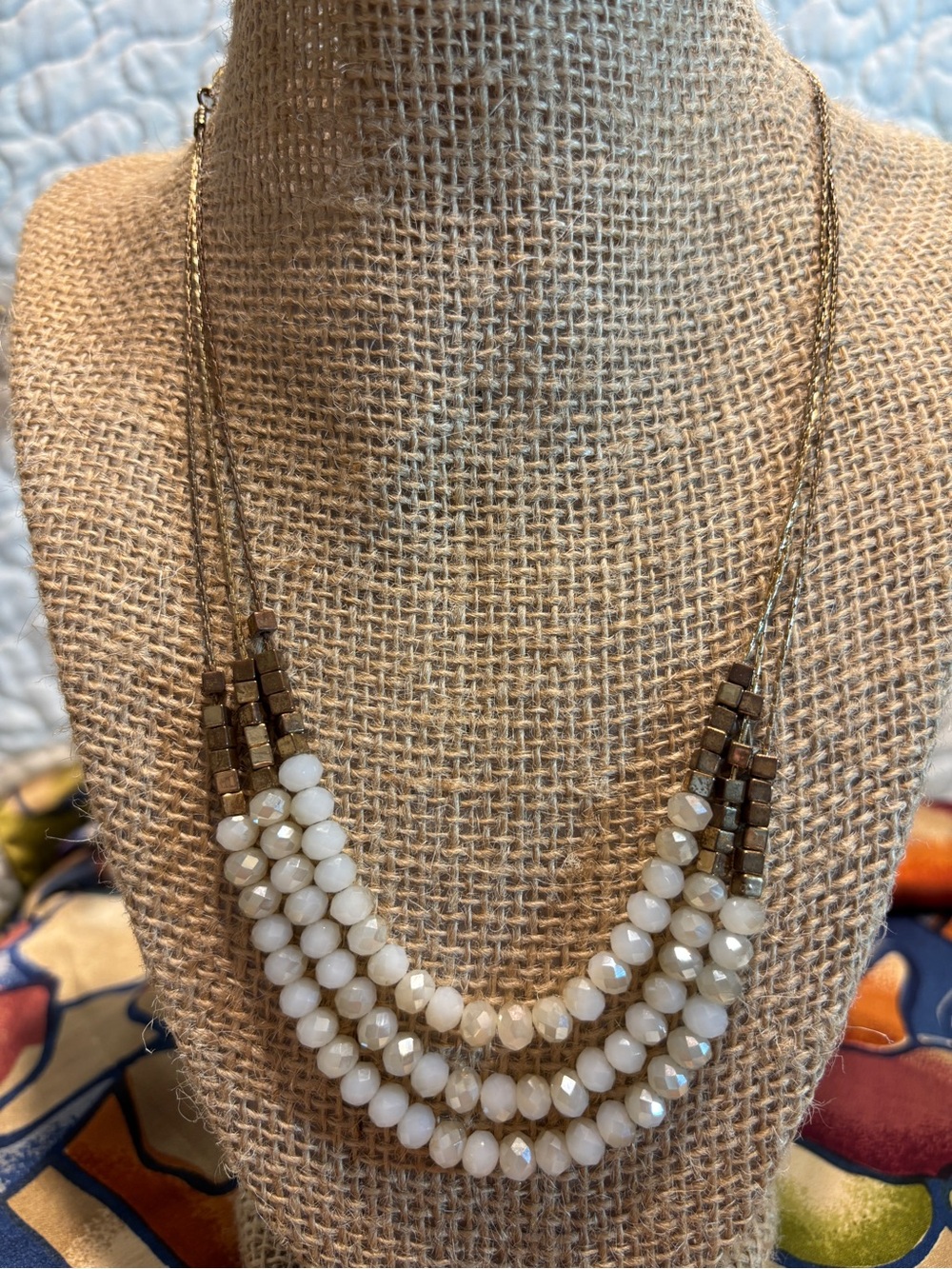 Layered Cream Beaded Necklace with Metallic Accents - Picture 2 of 2